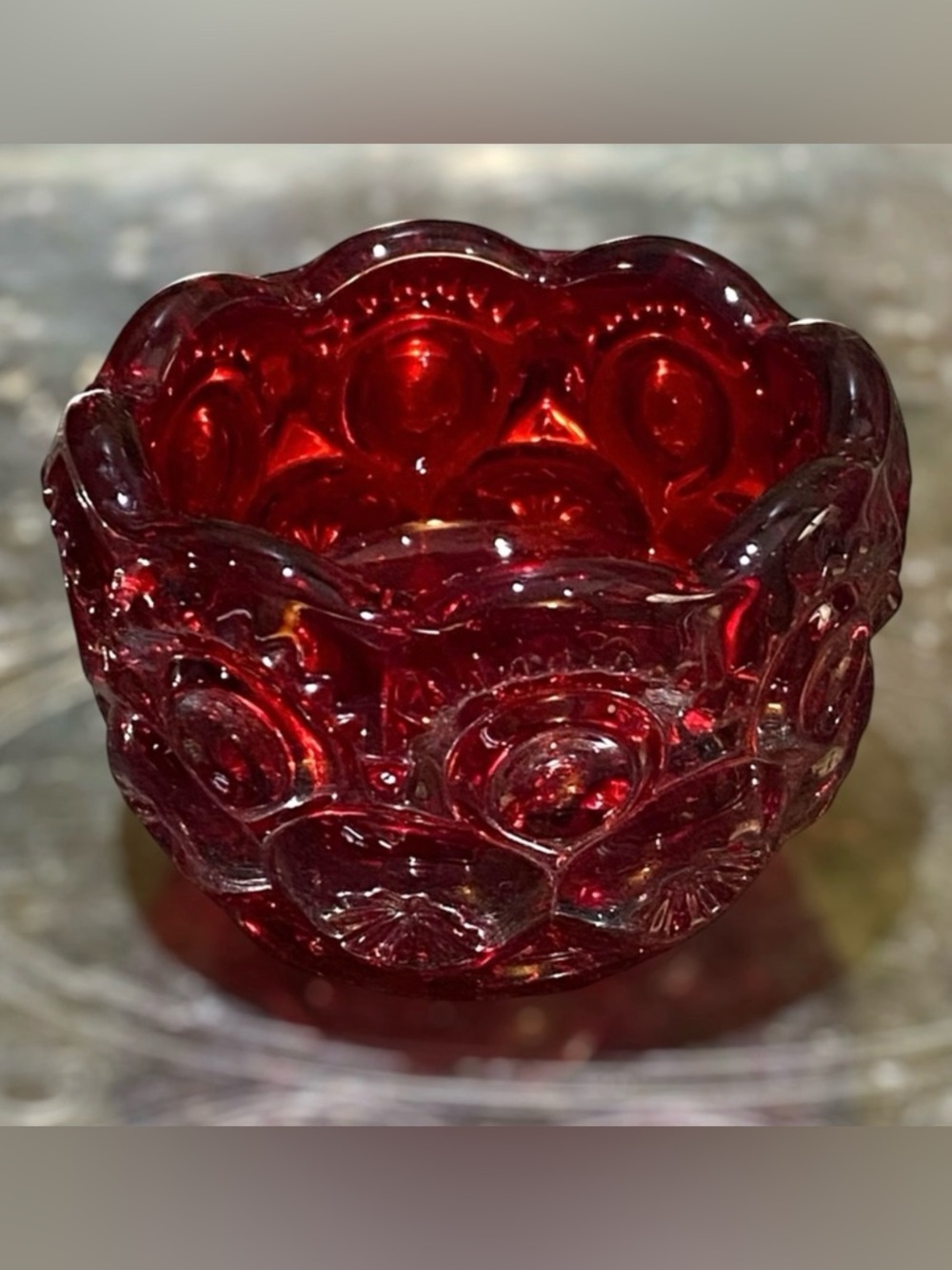 LE Smith Salt Dip Cellar Moon & Stars Ruby Red c1960s Mid Century Glass Vintage